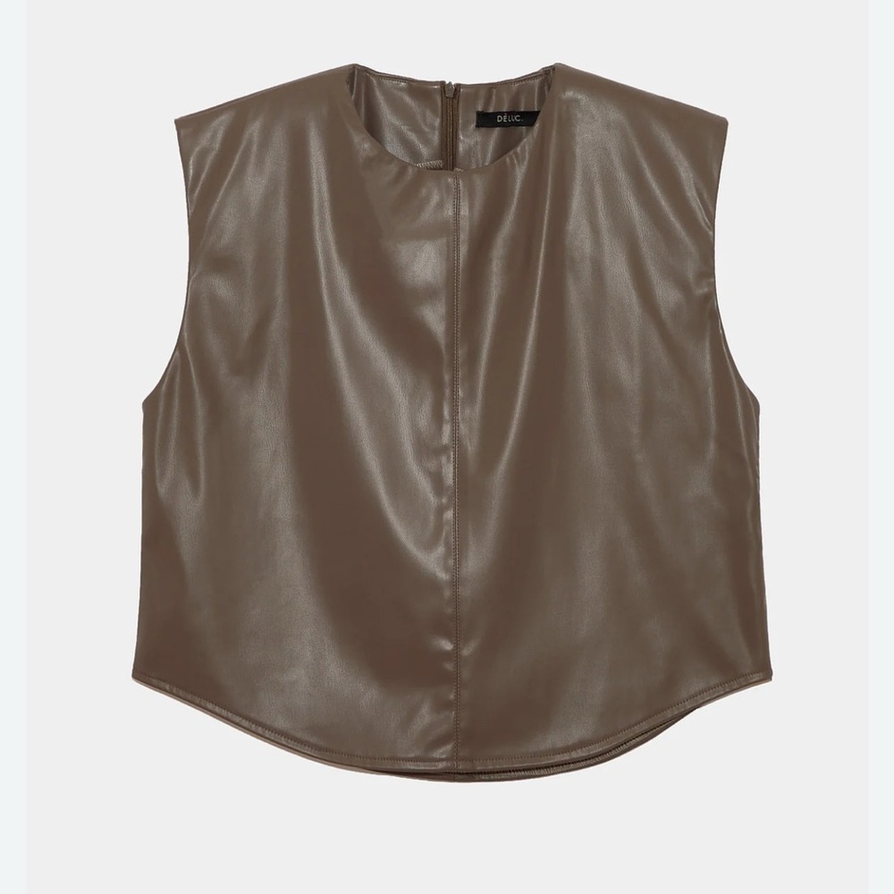 Deluc Vegan leather sleeveless top with round neckline. Taupe Size M NWT